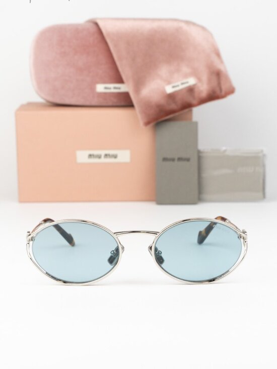 Miu Miu Women Sunglasses LOGO Silver Blue Oval MU52YS 1BC20R NEW AUTHENTIC main image 4